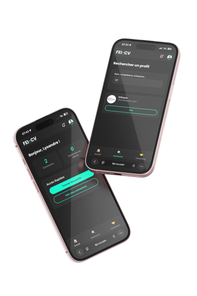 Aperçu mobile de l'application de networking FEI-CV