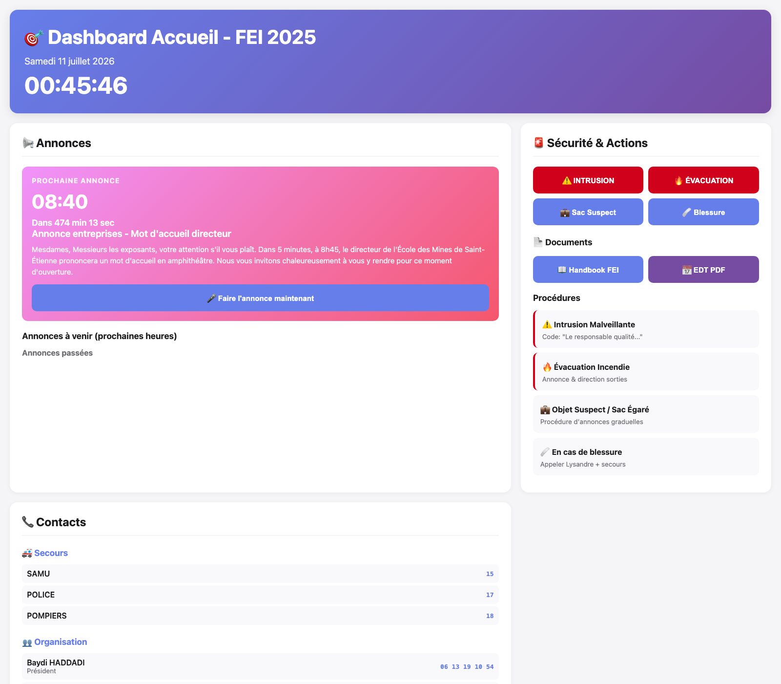 Dashboard de régie de planning temps réel diffusé sur écran