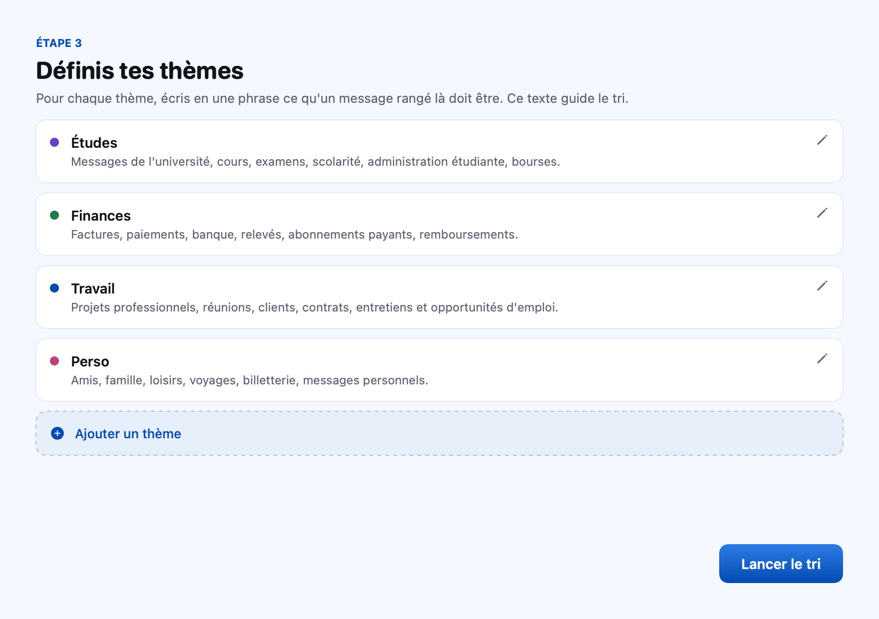 Définition des thèmes par l'utilisateur